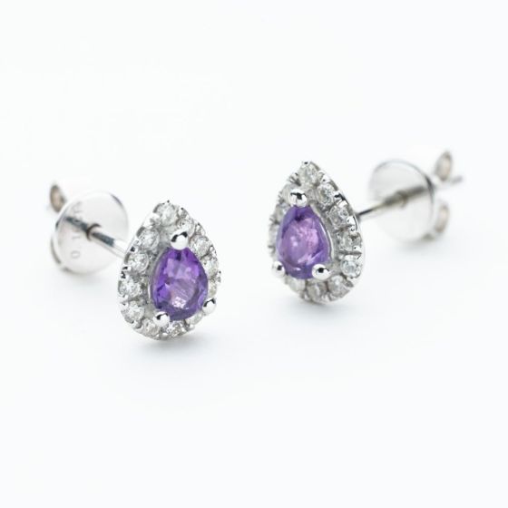 9ct White Gold Pear Cut Amethyst & 0.27ct Diamond Cluster Stud Earrings NTE409PEAR-AMD-9WG