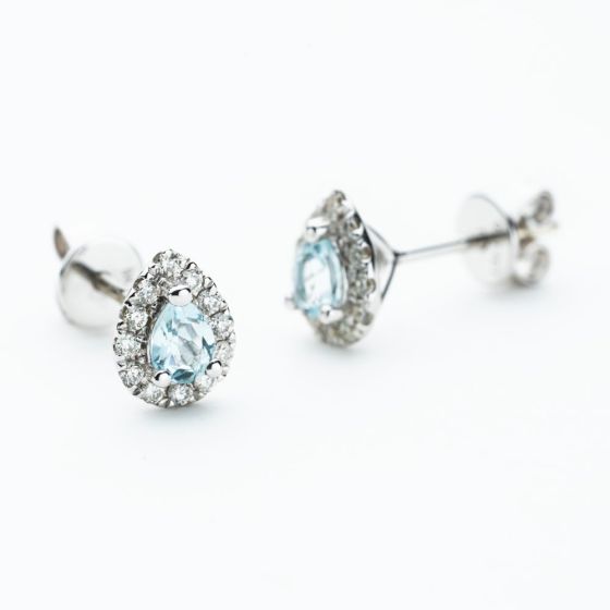 9ct White Gold Pear Cut Aquamarine & 0.27ct Diamond Cluster Stud Earrings NTE409PEAR-AQD-9WG