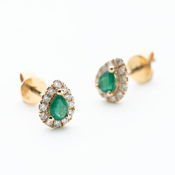 9ct Yellow Gold Pear Cut Emerald & 0.27ct Diamond Cluster Stud Earrings NTE409PEAR-EMD-9YG