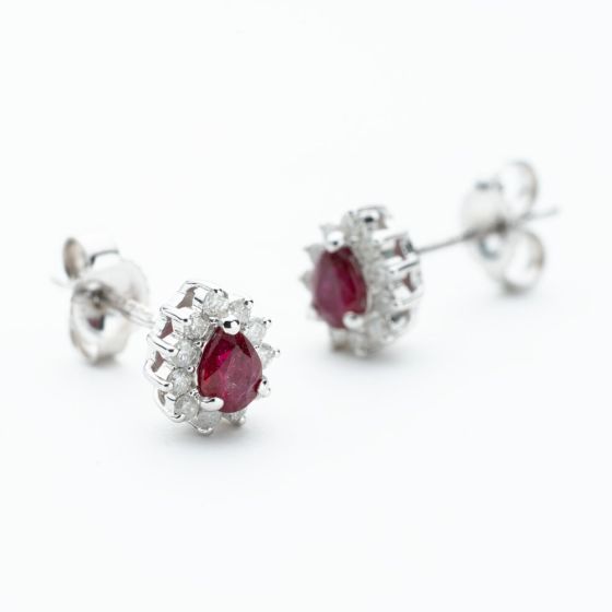 9ct White Gold Pear Cut Ruby & Diamond Cluster Stud Earrings WWW3580ER