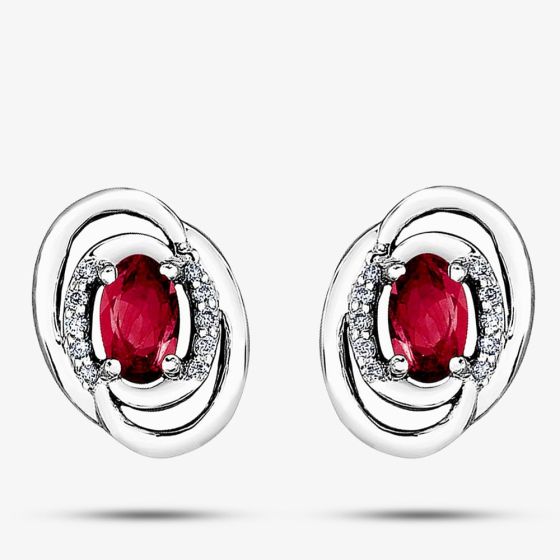 9ct White Gold Oval Ruby and Diamond Swirl Stud Earrings E3417W-10 RUBY