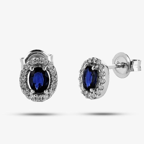 9ct White Gold Diamond Sapphire Cluster Stud Earrings GE943L