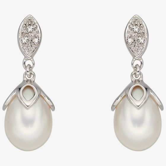 9ct White Gold Diamond And Fresh Water Pearl Dropper Earrings GE2223W