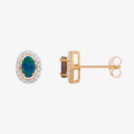 9ct Yellow Gold Oval Opal Diamond Halo Stud Earrings OJS0004E