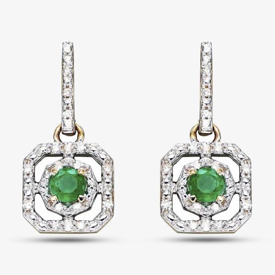 9ct Yellow Gold Emerald & Diamond Open Square Dropper Earrings GE2358G