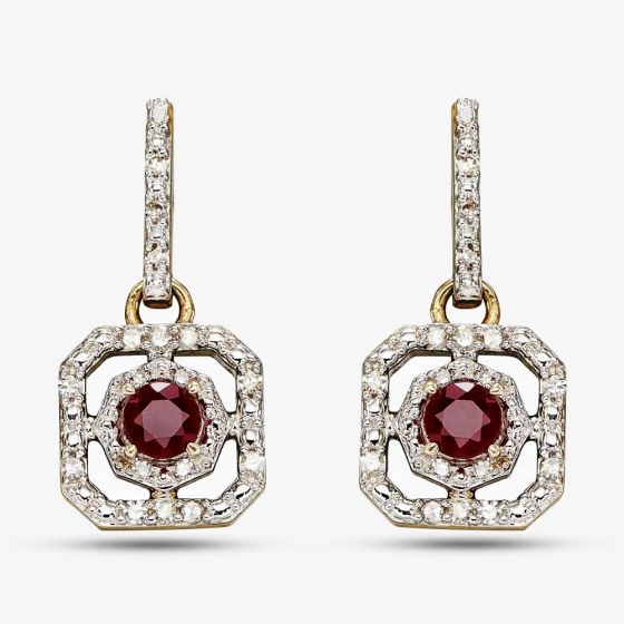 9ct Yellow Gold Ruby & Diamond Open Square Dropper Earrings GE2359R