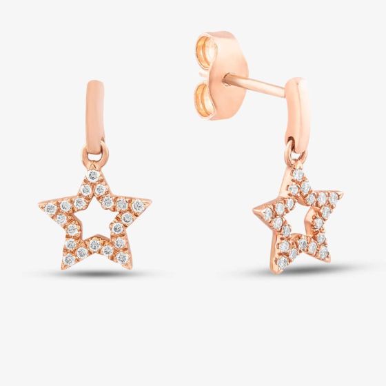 9ct Rose Gold 0.12ct Brilliant Cut Diamond Open Star Dropper Earrings PTOD 9KR