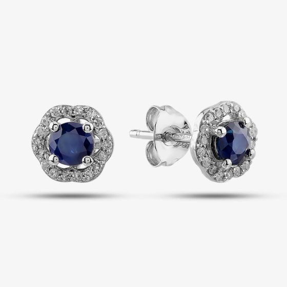  9ct White Gold Sapphire & Diamond Halo Stud Earrings OJE1701-BS