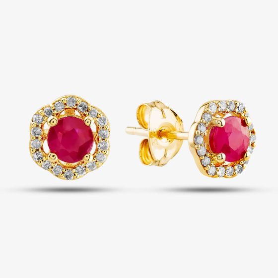  9ct Yellow Gold Ruby & Diamond Halo Stud Earrings OJE1701-R