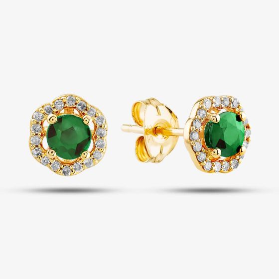  9ct Yellow Gold Emerald & Diamond Halo Stud Earrings OJE1701-E