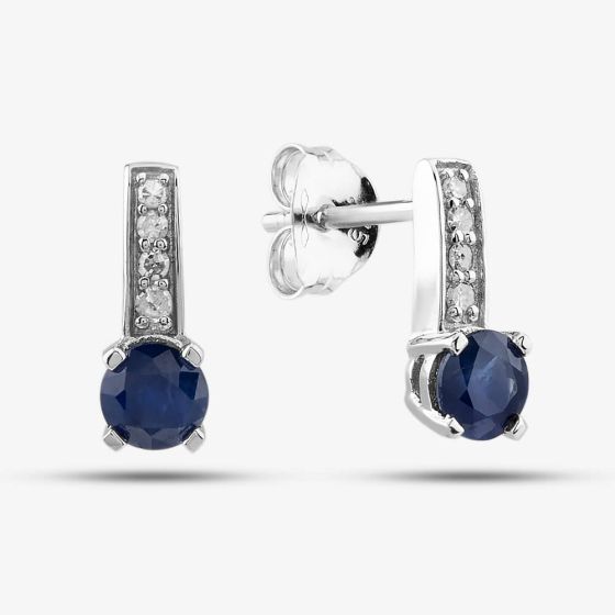  9ct White Gold Sapphire & 0.06ct Diamond Stud Earrings OJE1704-BS