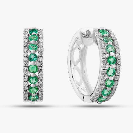9ct White Gold Emerald and Diamond Three Row Hoop Earrings PE04865 EM