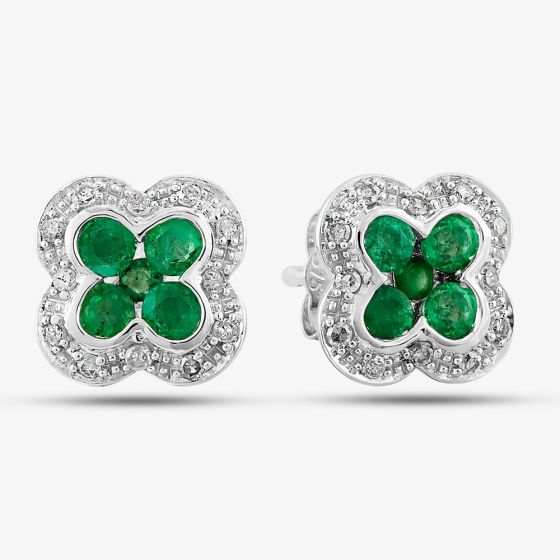 9ct White Gold Emerald and Diamond Quatrefoil Cluster Stud Earrings PE04942 EM