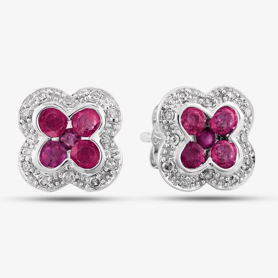9ct White Gold Ruby and Diamond Quatrefoil Cluster Stud Earrings PE04942 RU