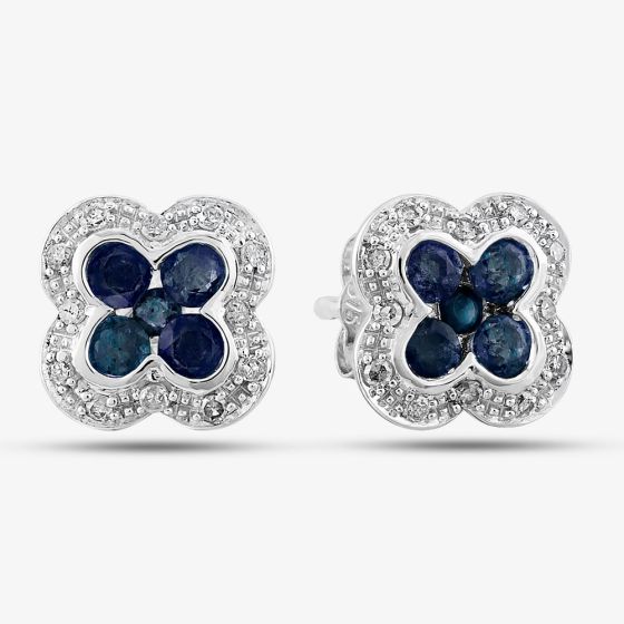 9ct White Gold Sapphire and Diamond Quatrefoil Cluster Stud Earrings PE04942 SA