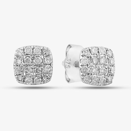 9ct White Gold Diamond Pave Square Shape Cluster Stud Earrings PE20188
