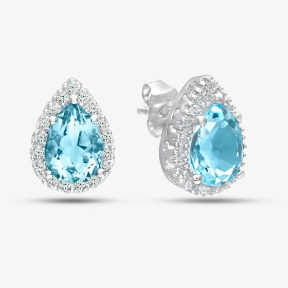 9ct White Gold Pear Shaped Blue Topaz & 0.13ct Diamond Halo Stud Earrings PE03553W BT