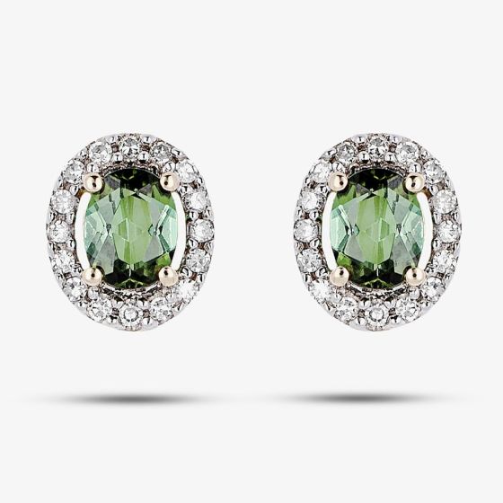 9ct Yellow Gold Green Tourmaline & Diamond Cluster Stud Earrings GE2421G