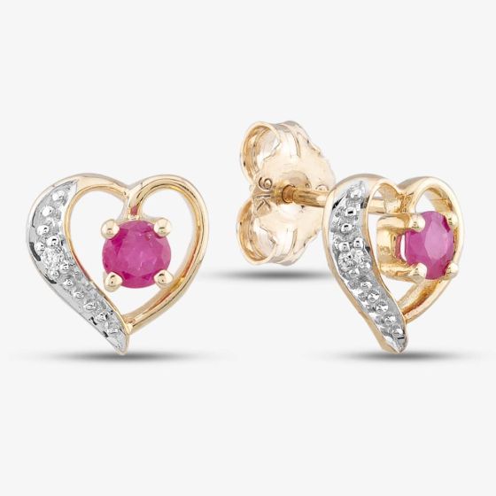 9ct Yellow Gold Ruby & Diamond Heart Stud Earrings LU13760 RUBY