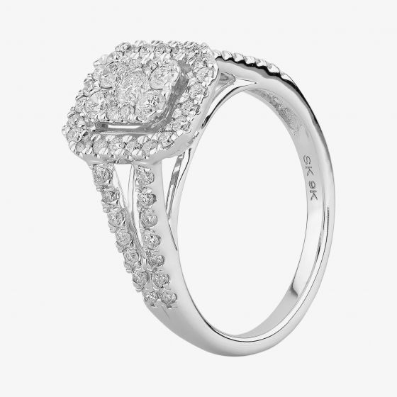 9ct White Gold 1.00ct Diamond Shouldered Square Cluster Ring TH012527R