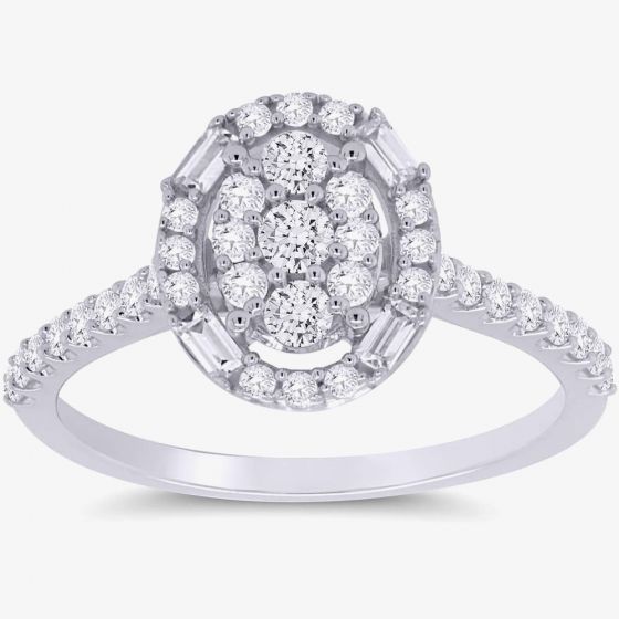 9ct White Gold 0.65ct Diamond Baguette and Brilliant Halo Cluster Ring DR1687-9KW-JK/I1 