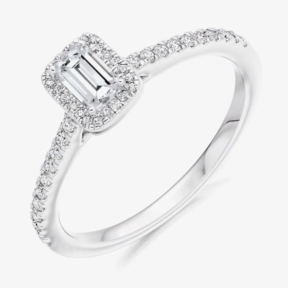 Platinum 0.80ct Certificated Emerald Cut Diamond Shoulder Set Halo Ring ENG4044SMTPT