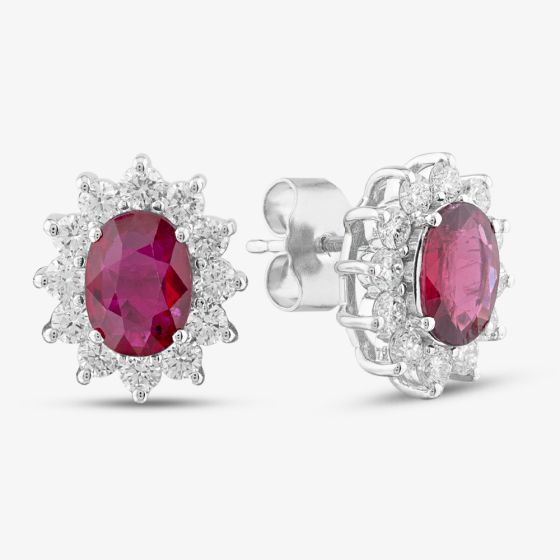 18ct White Gold 1.91ct Oval Cut Ruby & 0.89ct Diamond Cluster Stud Earrings MQ9239