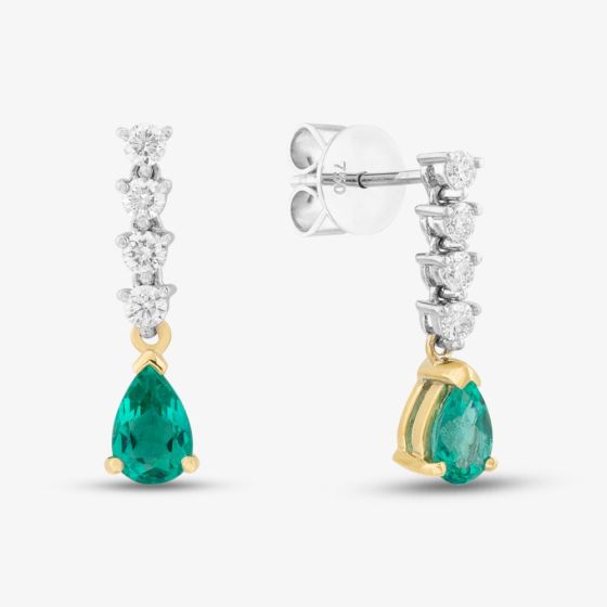 18ct Yellow Gold 0.72ct Pear Cut Emerald & 0.30ct Brilliant Cut Diamond Dropper Earrings 49724J5