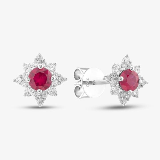 18ct White Gold 0.52ct Ruby & 0.23ct Brilliant Cut Diamond Star Halo Stud Earrings 39736