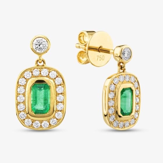 18ct Yellow Gold Emerald Cut Emerald & Brilliant Cut Diamond Dropper Earrings LG327/EA-PR(EM)