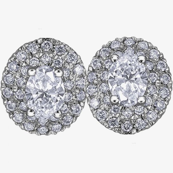 18ct White Gold 0.75ct Oval-cut Diamond Halo Cluster Stud Earrings E3781W/75-18