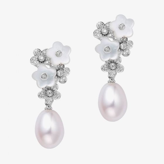 Fei Liu Alyssum 18ct White Gold Diamond 0.26ct & Pearl Cluster Drop Earrings ALY-750W-204-MPPL