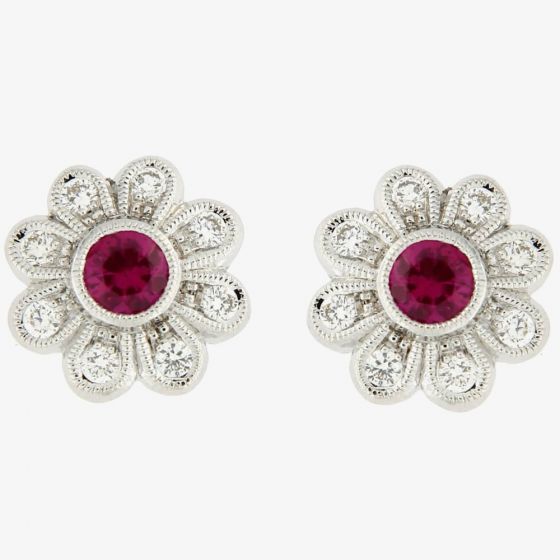 Ungar & Ungar 18ct White Gold Diamond & Ruby Flower Stud Earrings 8WE3969(A)D RU