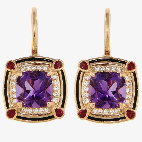 Ungar & Ungar 18ct Rose Gold Amethyst Diamond & Ruby Dropper Earrings 8RE5722D RU AM