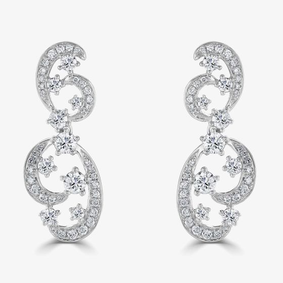 18ct White Gold 1.47ct Diamond Fancy Swirl Cluster Dropper Earrings LG213/EA-PE