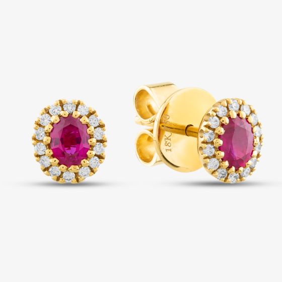 18ct Yellow Gold Oval Cut Ruby & Brilliant Cut Diamond Halo Stud Earrings EFX1440RU 18KY