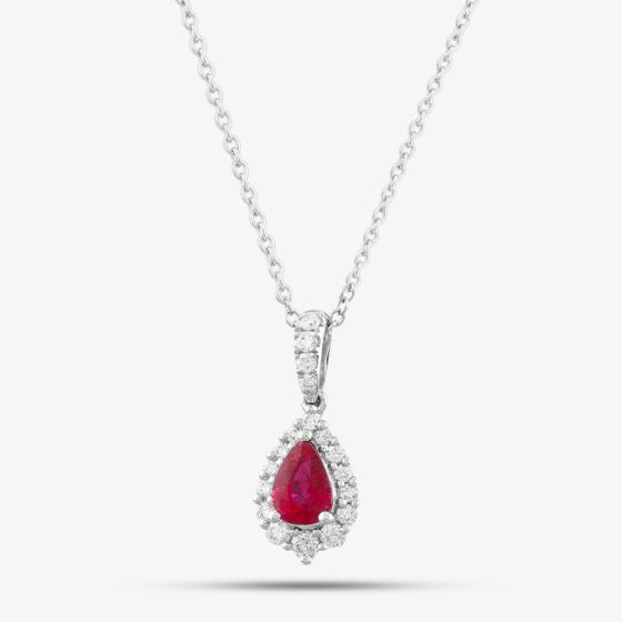 18ct White Gold 1.10ct Pear Cut Ruby & 0.41ct Brilliant Cut Diamond Pendant Necklace LG238/EA(RU)-PR