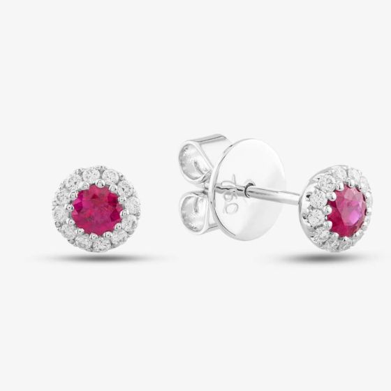 18ct White Gold Brilliant Cut Ruby & Diamond Halo Stud Earrings 36845G1