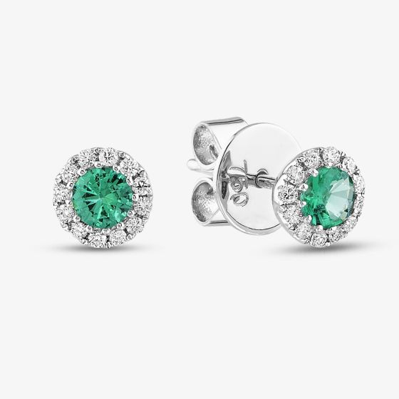 18ct White Gold Emerald & Diamond Cluster Stud Earrings 46845