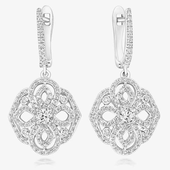 Tivon 18ct White Gold Diamond Vintage Floral Dropper Earrings EW-0828-D
