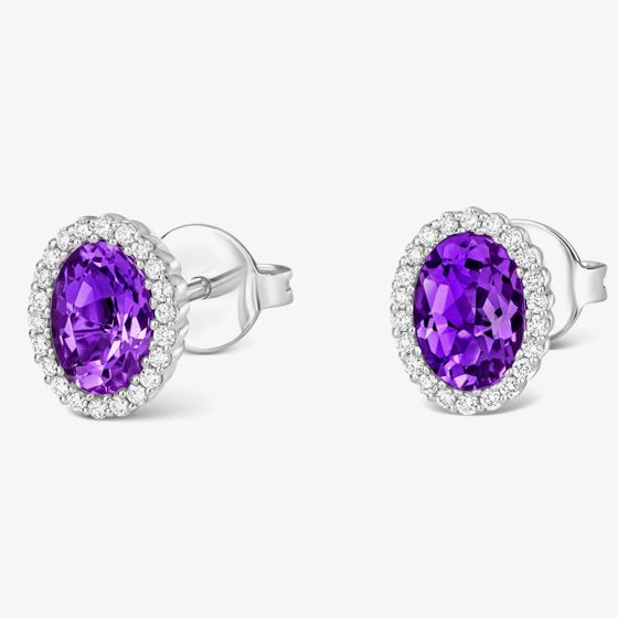 Tivon Classic 18ct White Gold Oval Amethyst & Diamond Cluster Stud Earrings EW-0872-AM