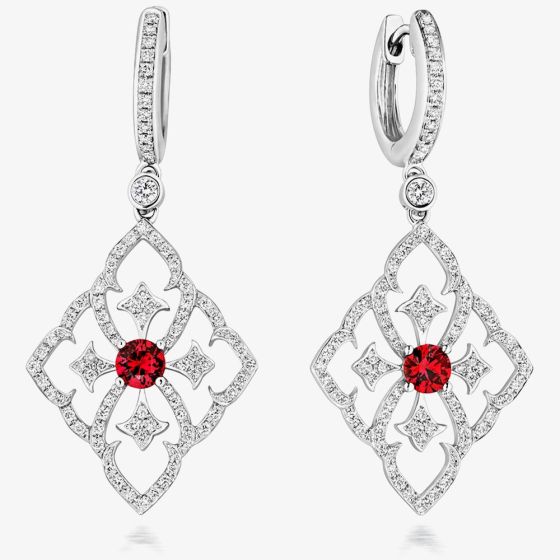 Tivon 18ct White Gold Ruby & Diamond Fleur De Lis Dropper Earrings EW-0798-RB