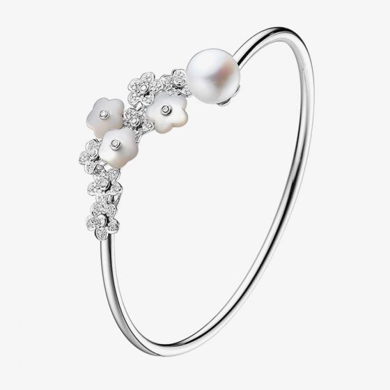 Fei Liu Alyssum 18ct White Gold Diamond 0.23ct & Pearl Cluster Bangle ALY-750W-402-MPPL-S