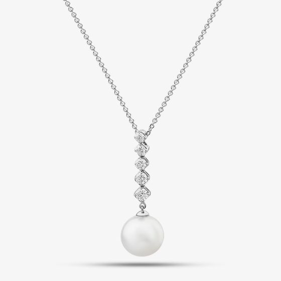 18ct White Gold Freshwater Pearl & Five Diamond Drop Necklace POX80126DD