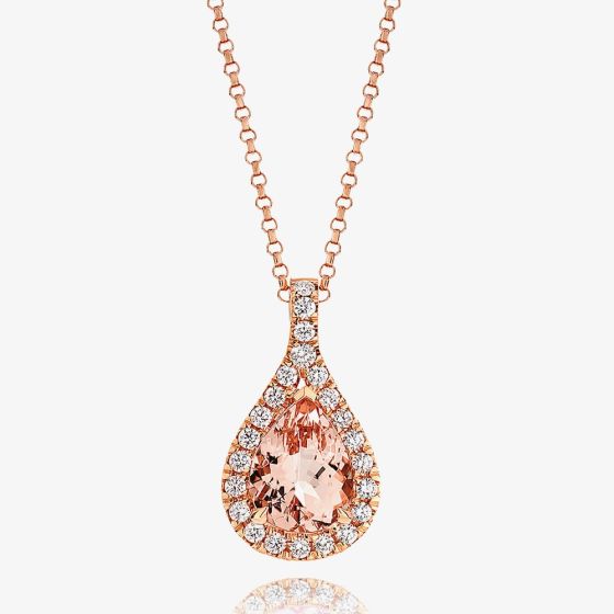 Tivon 18ct Rose Gold Pear-Cut Morganite & Diamond Halo Pendant Necklace PR-1020-MG