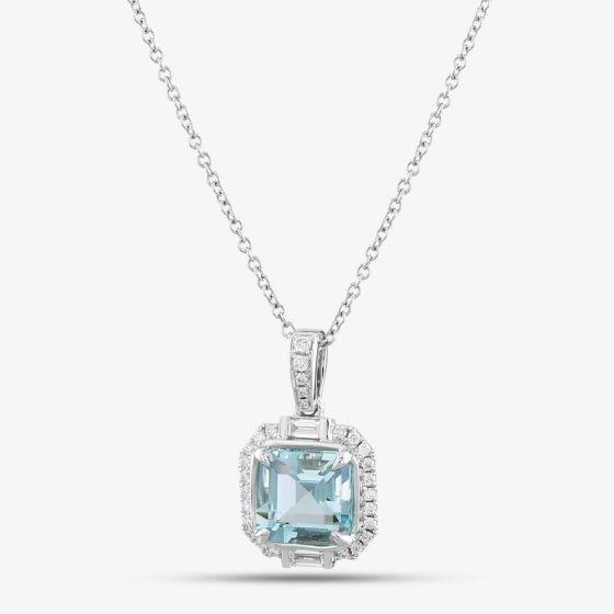18ct White Gold Asscher Cut Aquamarine & Brilliant Cut Diamond Square Halo Necklace LG232/PA(AQ)