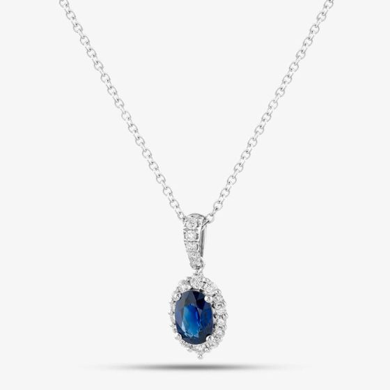 18ct White Gold Oval Cut Sapphire & Brilliant Cut Diamond Halo Necklace LG237/PA(BS)