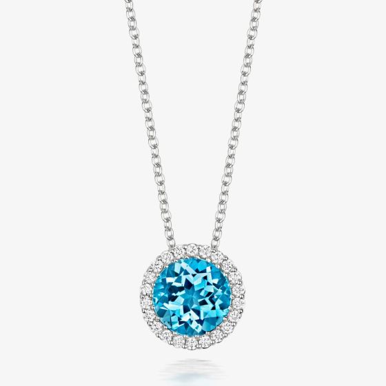Tivon Classic 18ct White Gold Round Blue Topaz & Diamond Cluster Necklace PW-0849-BT