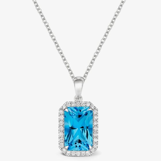 Tivon Classic 18ct White Gold Blue Topaz & Diamond Cluster Necklace PW-0882-BT