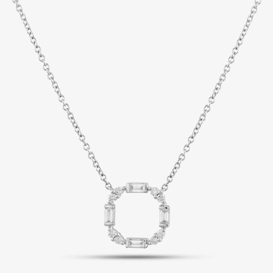 18ct White Gold 0.36ct Baguette & Brilliant Cut Diamond Open Circle Necklace LG253/NA